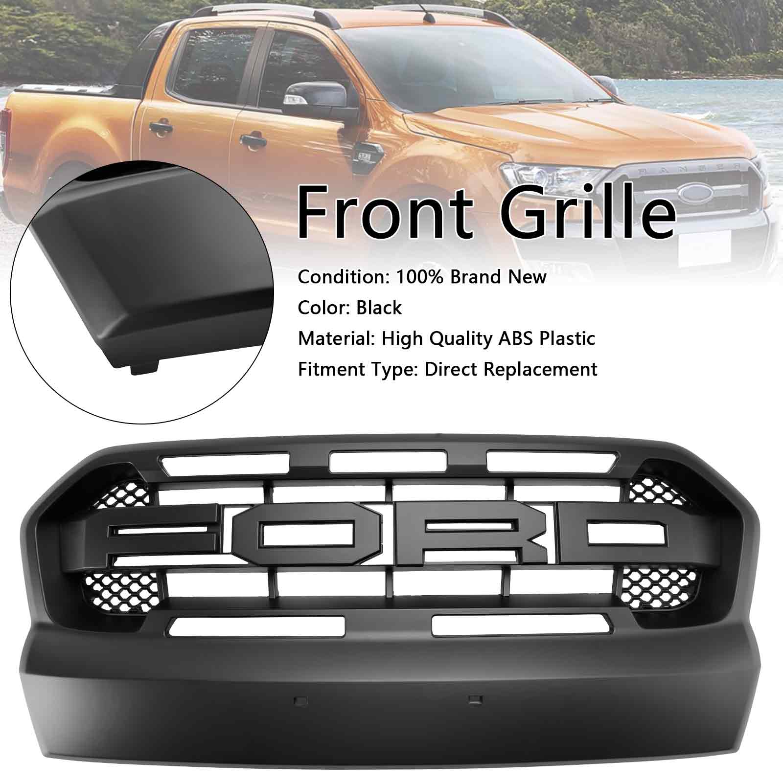 Parrilla delantera para Ford Ranger 2015-2019 T7 Wildtrak, estilo Raport, color negro, con 3 luces LED