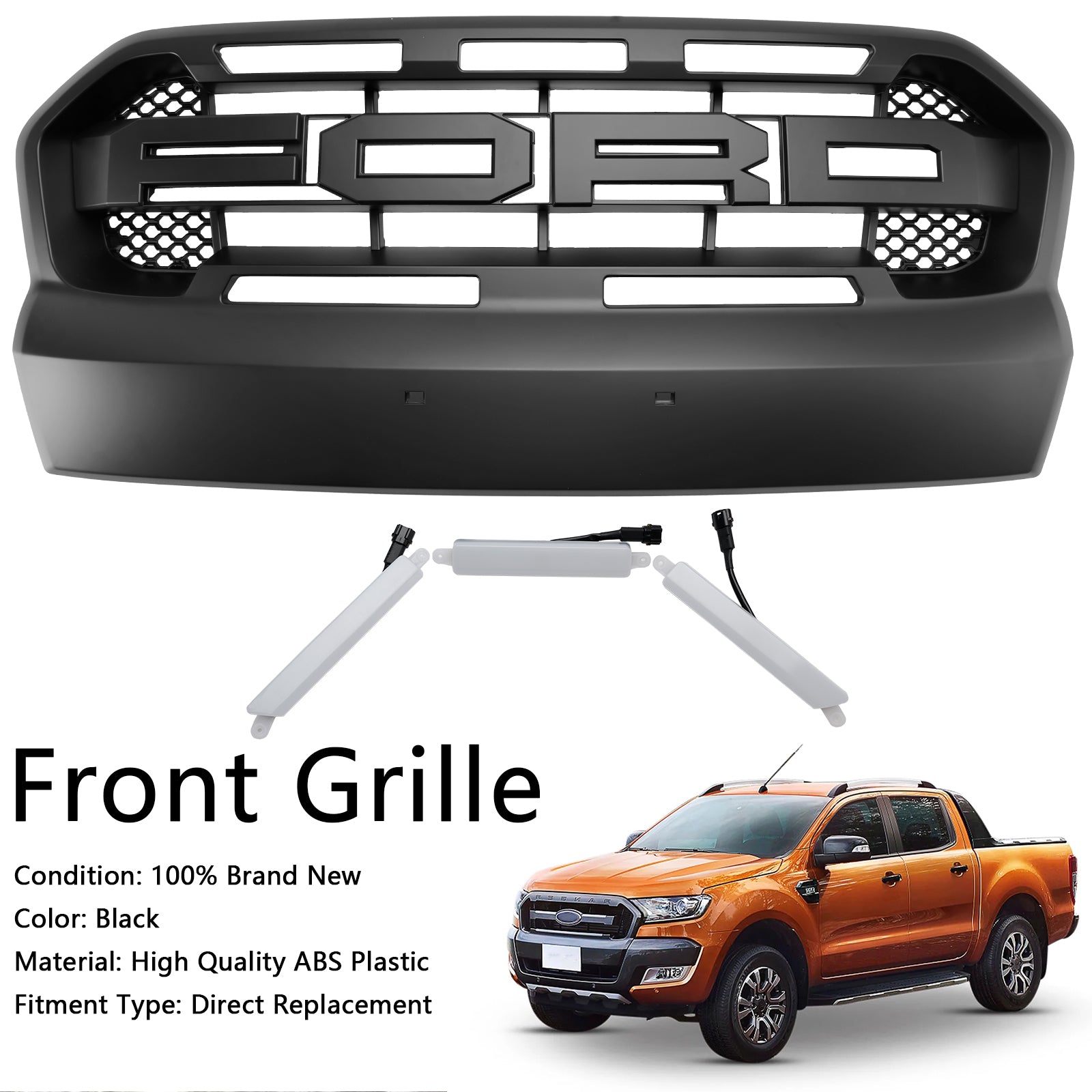 Parrilla delantera para Ford Ranger 2015-2019 T7 Wildtrak, estilo Raport, color negro, con 3 luces LED