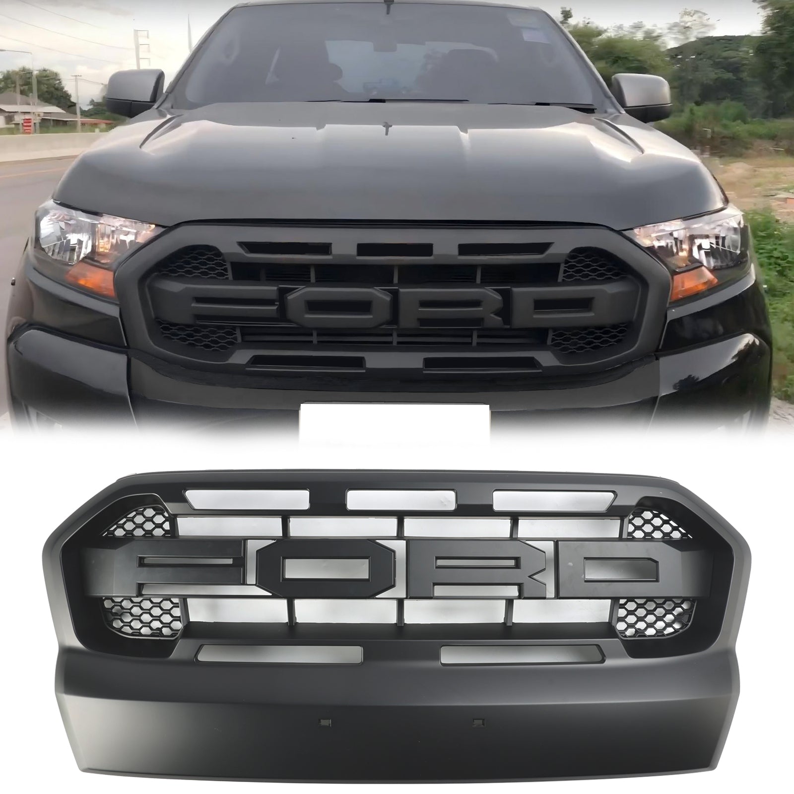 Grille de pare-chocs avant de remplacement de style Ford Ranger T7 Wildtrak Raptor 2015-2019 Grille noire mate