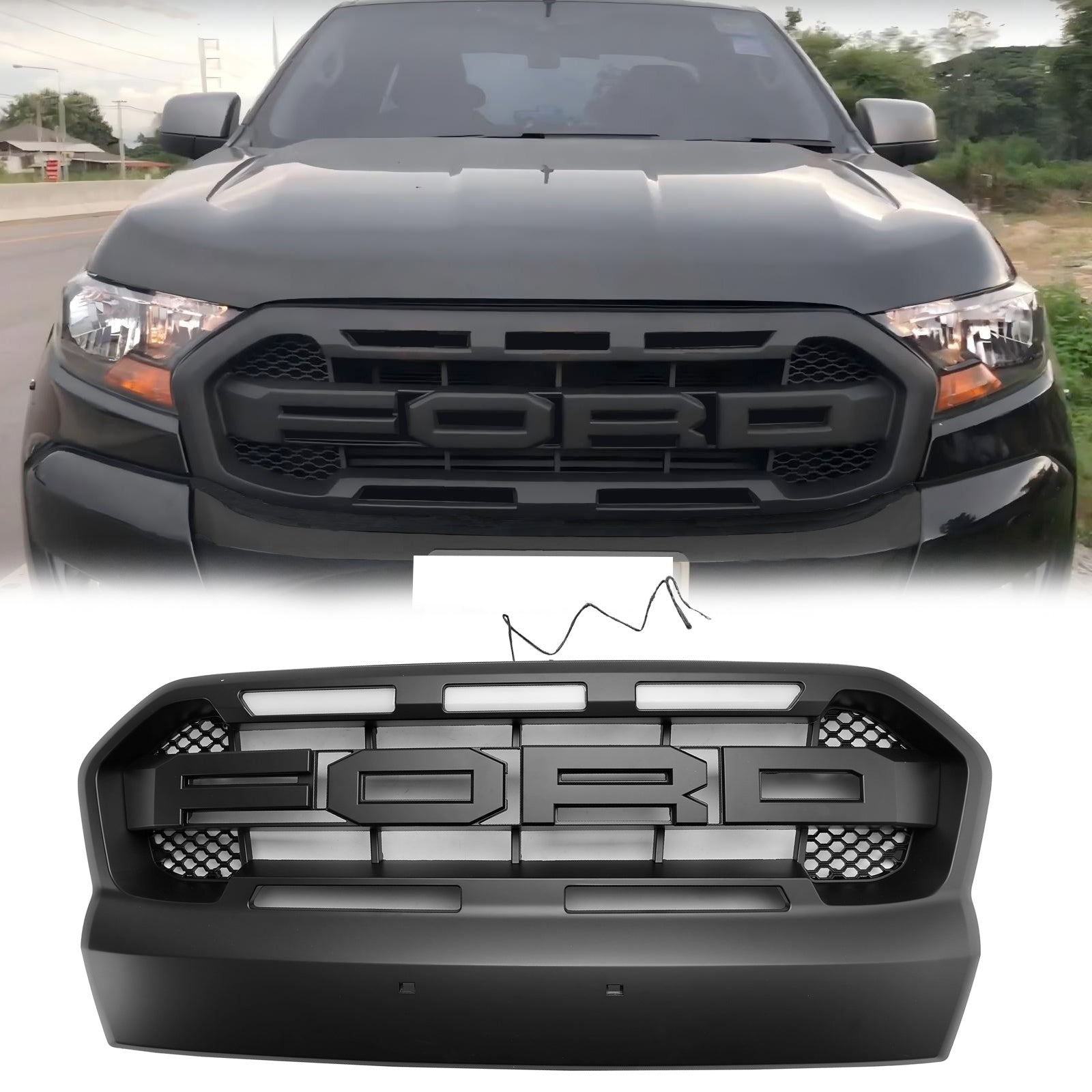 Grille de pare-chocs avant Ford Ranger 2015-2019 T7 Grille de style Raport noire avec 3 LED blanches