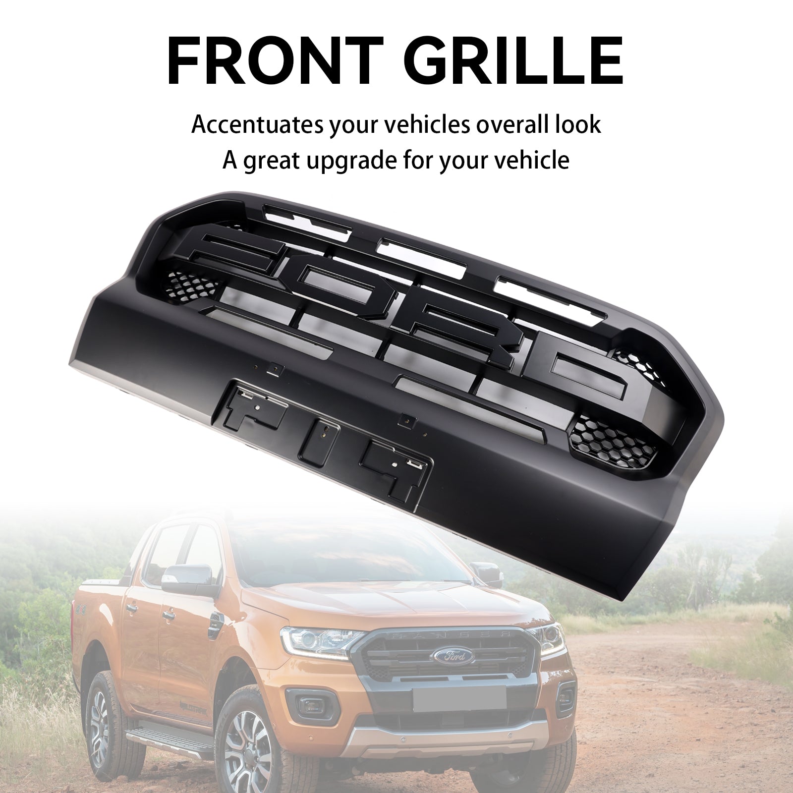 Grille de pare-chocs avant de remplacement de style Ford Ranger T8 Wildtrak Raptor 2019-2023 Grille noire mate