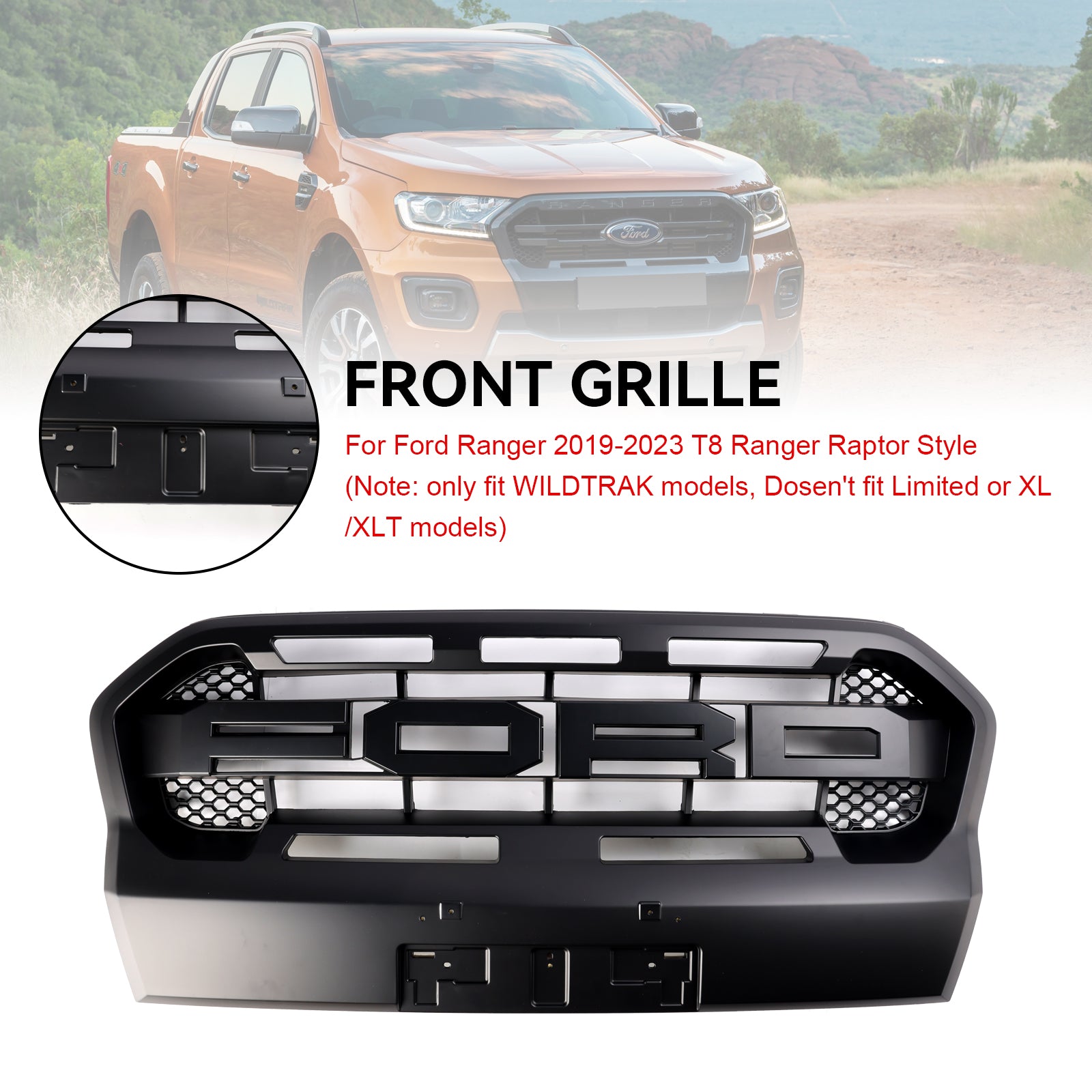 Grille de pare-chocs avant de remplacement de style Ford Ranger T8 Wildtrak Raptor 2019-2023 Grille noire mate