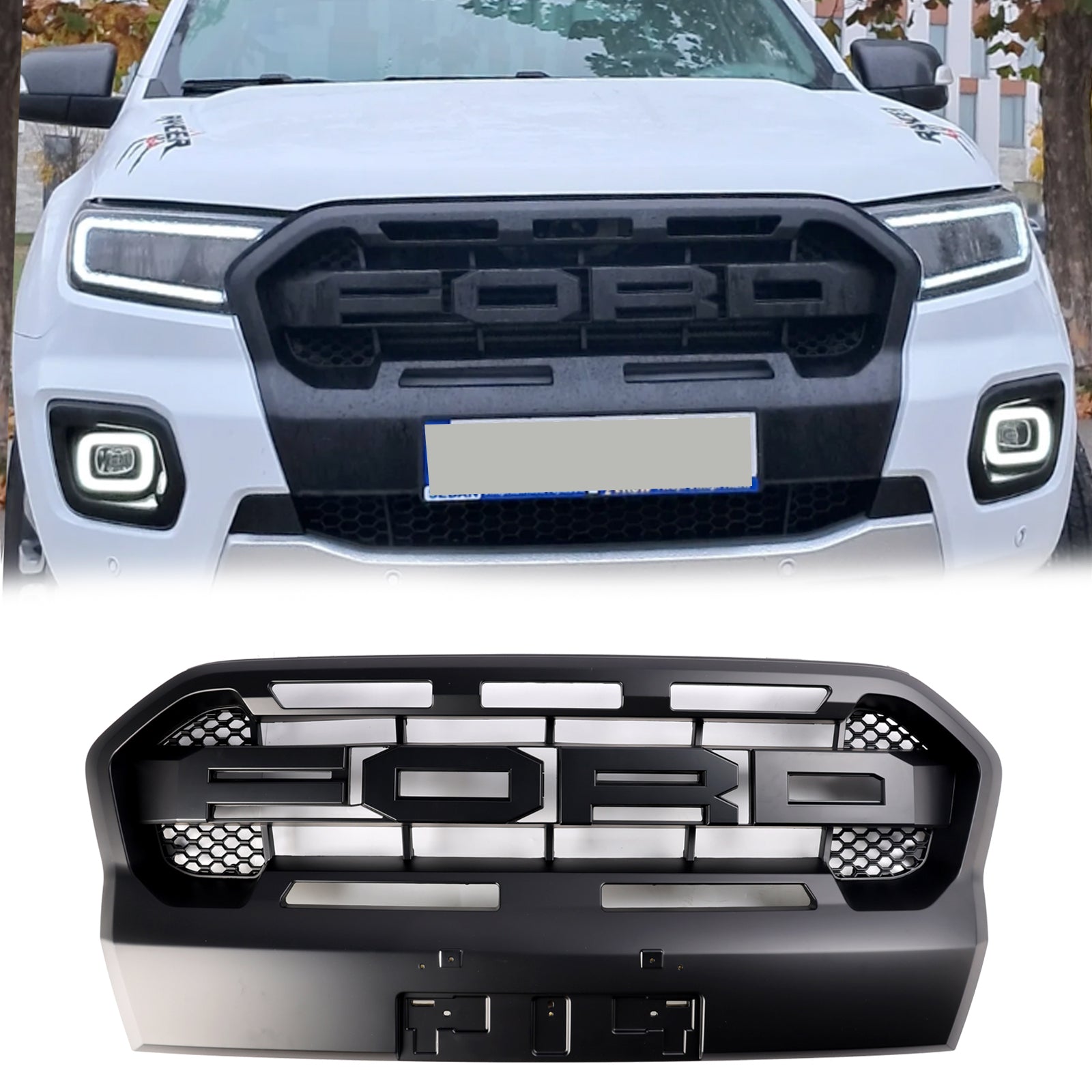 Grille de pare-chocs avant de remplacement de style Ford Ranger T8 Wildtrak Raptor 2019-2023 Grille noire mate