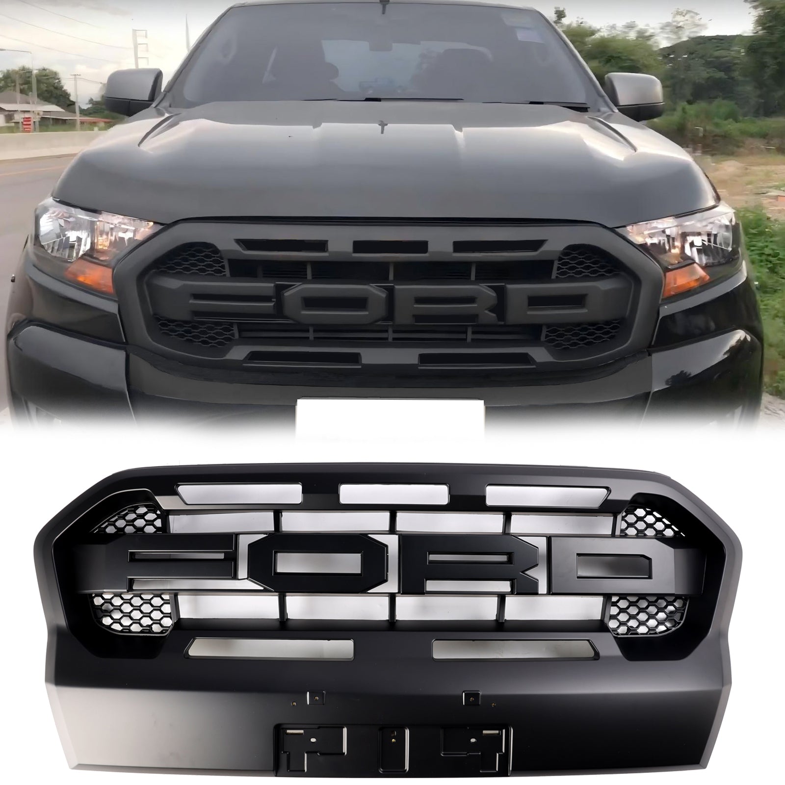 Grille de pare-chocs avant de remplacement de style Ford Ranger T8 Wildtrak Raptor 2019-2023 Grille noire mate