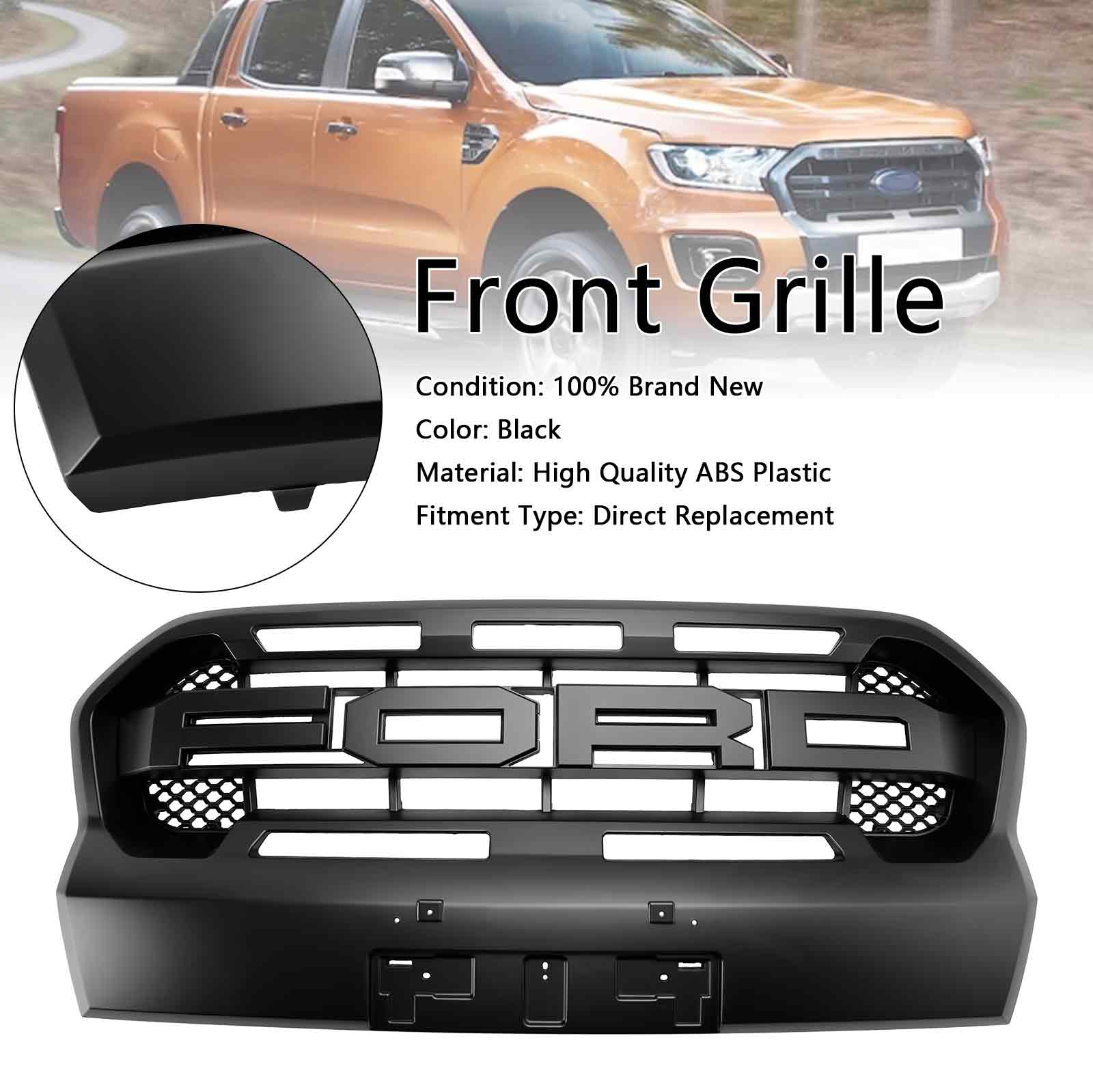 Parrilla delantera para Ford Ranger 2019-2023 T8 Wildtrak, estilo Raport, color negro, con 3 luces LED blancas