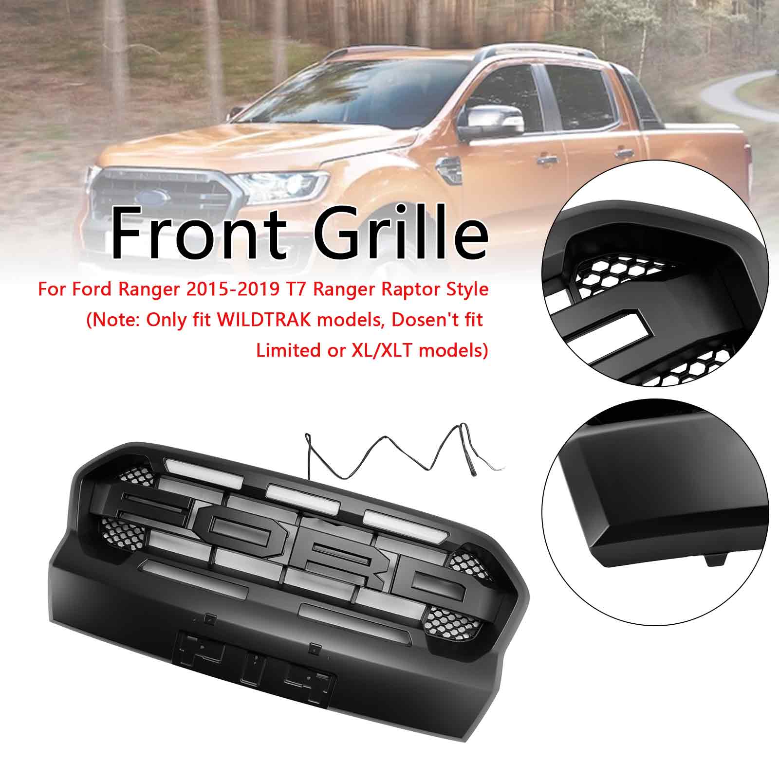 Ford Ranger 2019-2023 T8 Wildtrak Front Bumper Grill Black Raport Style Grille W/3 White LED