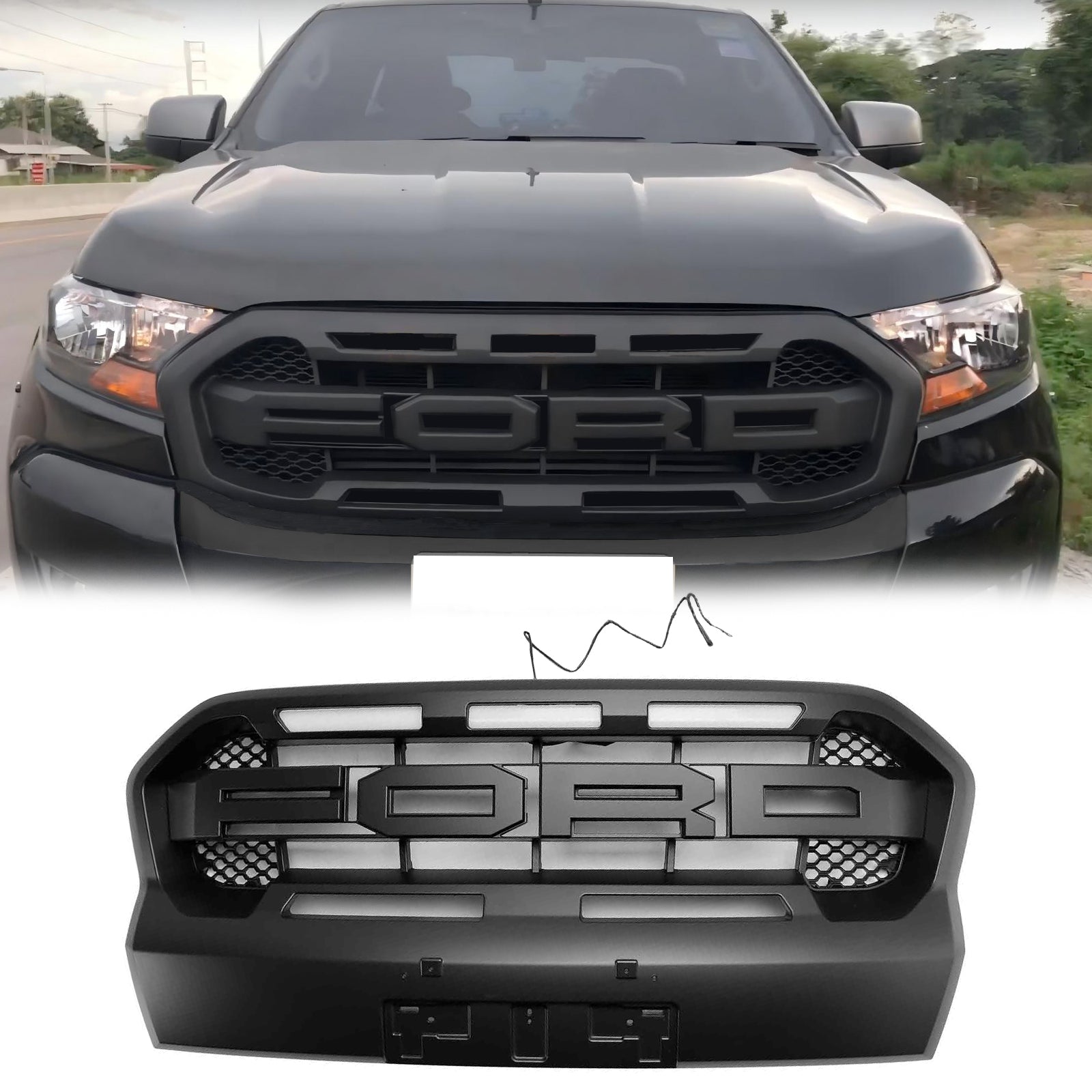 Grille de pare-chocs avant Ford Ranger 2019-2023 T8 Wildtrak Grille de style Raport noire avec 3 LED