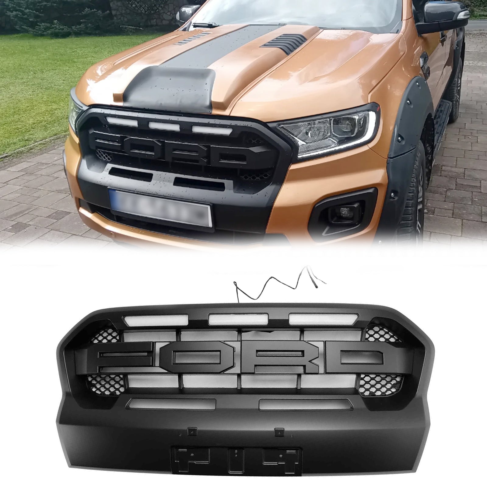 Grille de pare-chocs avant Ford Ranger 2019-2023 T8 Wildtrak Grille de style Raport noire avec 3 LED blanches