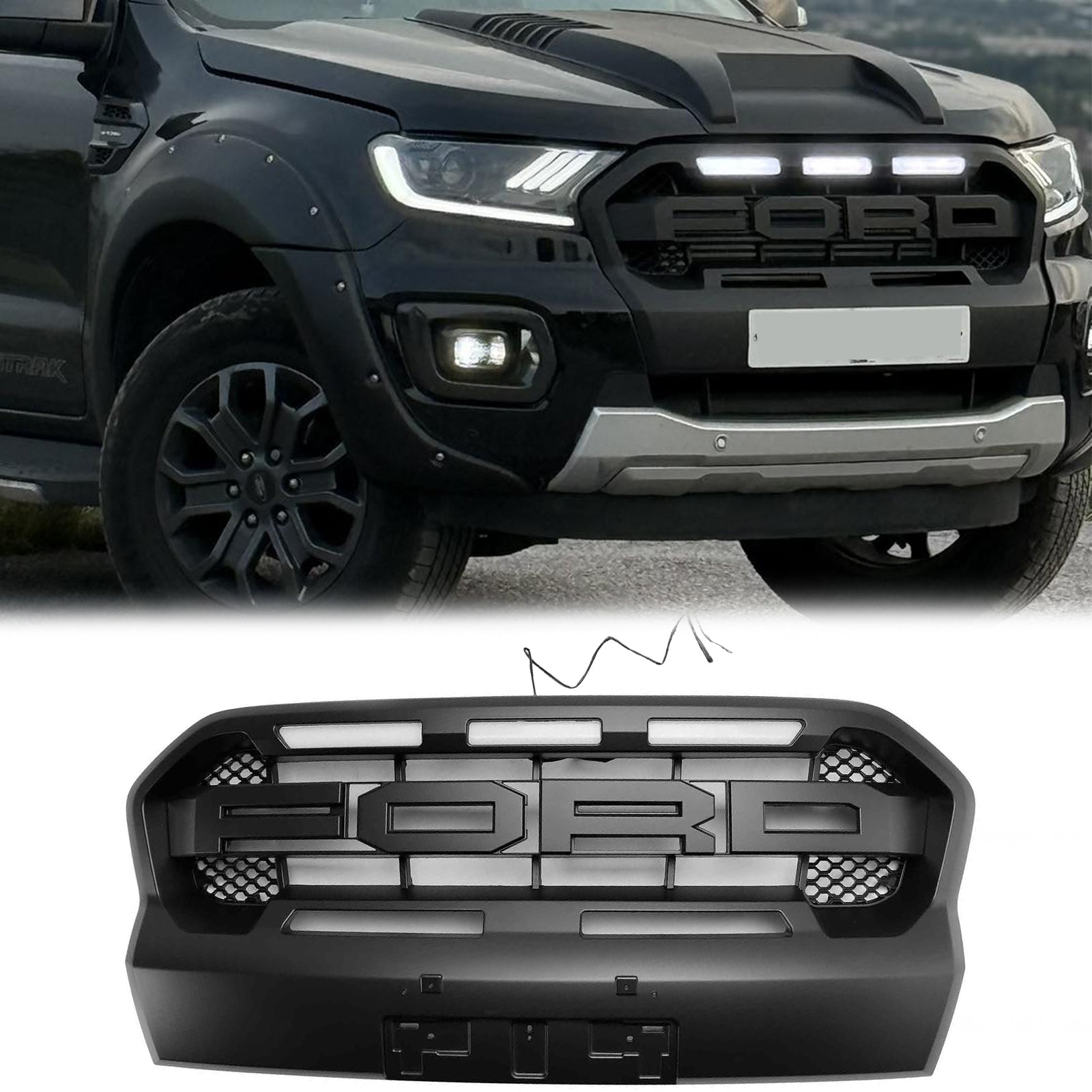 2019-2023 Ford Ranger Wildtrak Raptor Style Grille Matte Black Front Bumper Grille With LED Light