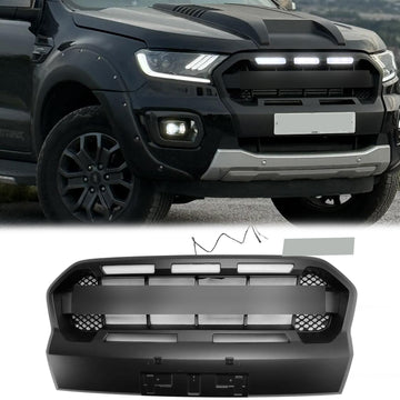 Ford Ranger Wildtrak 2019 2020 2021 2022 2023 Front Bumper Grille Raptor Black Replacement Grill With White Light & FORD Letter