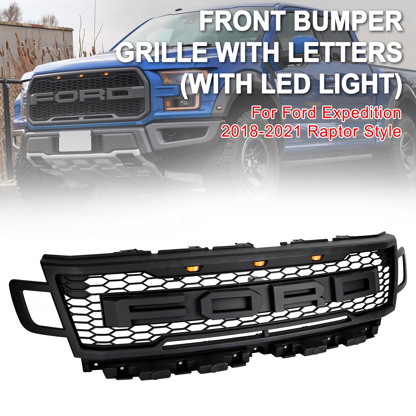 Grille de pare-chocs avant Ford Expedition XL/XLT/Limited 2018-2021 Grille de style Raptor noire avec LED