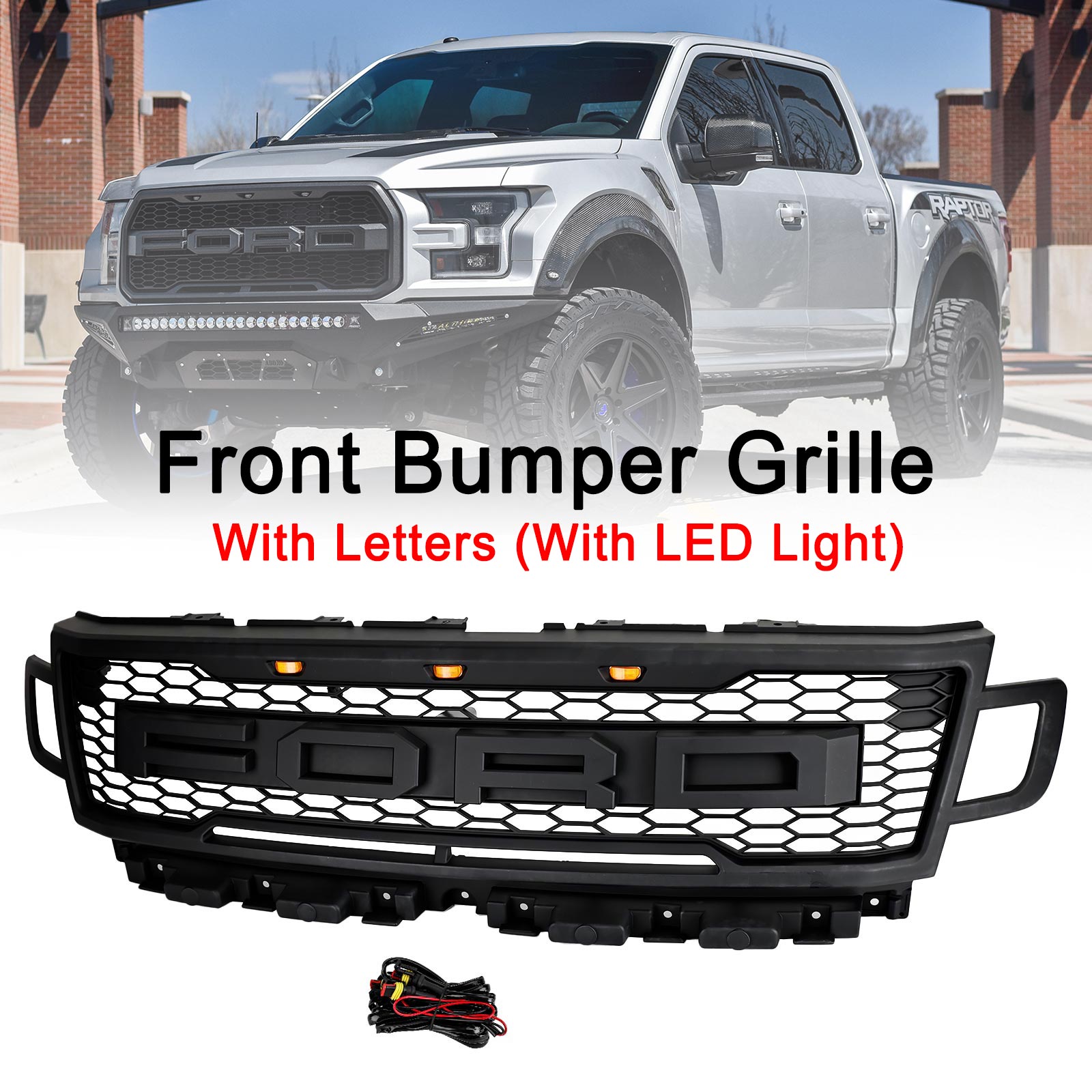 Grille de pare-chocs avant Ford Expedition XL/XLT/Limited 2018-2021 Grille de style Raptor noire avec LED