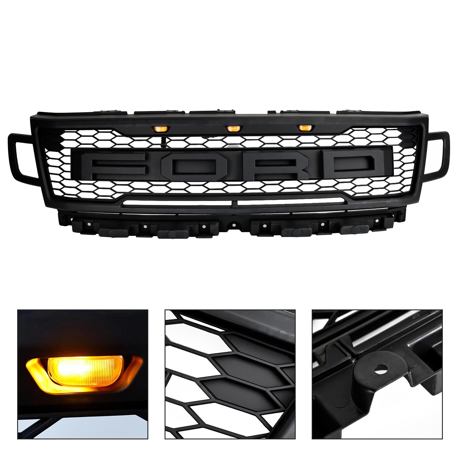 Grille de pare-chocs avant Ford Expedition XL/XLT/Limited 2018-2021 Grille de style Raptor noire avec LED