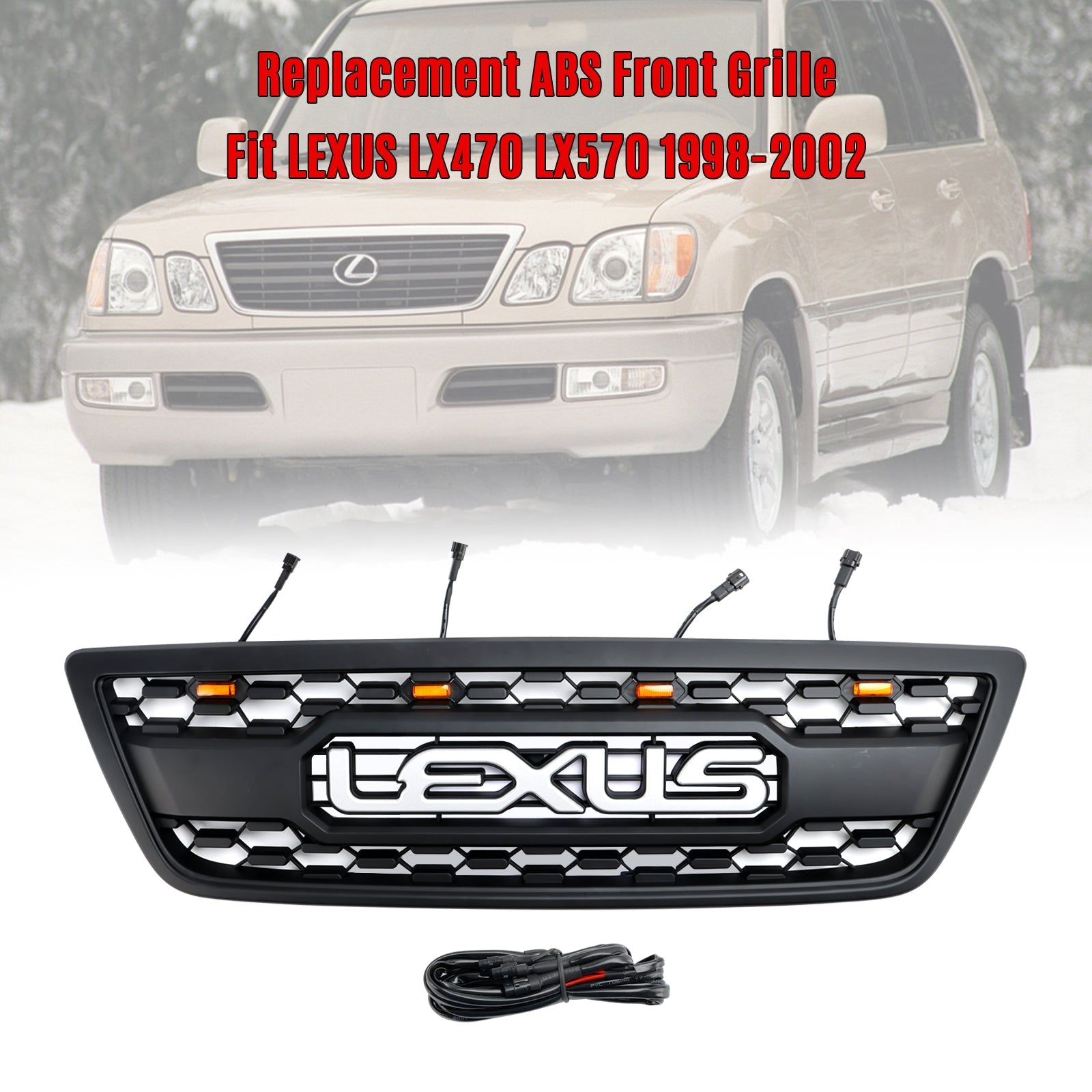 1998-2002 Lexus LX470 LX570 Matte Black Front Bumper Grill With LED - 0