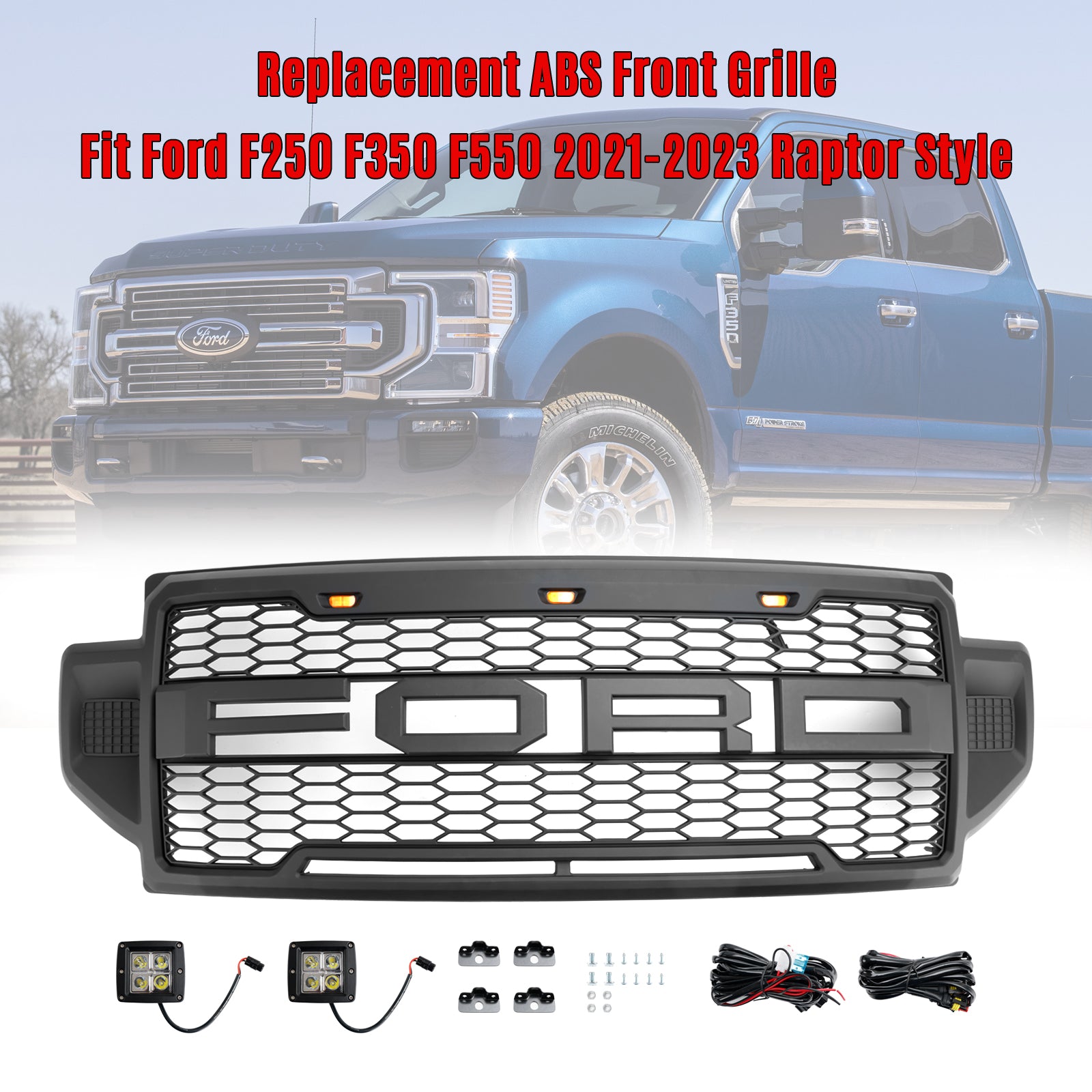 Parrilla delantera estilo Raptor para Ford F250 F350 F450 F550 Super Duty 2021-2022, color negro y con LED