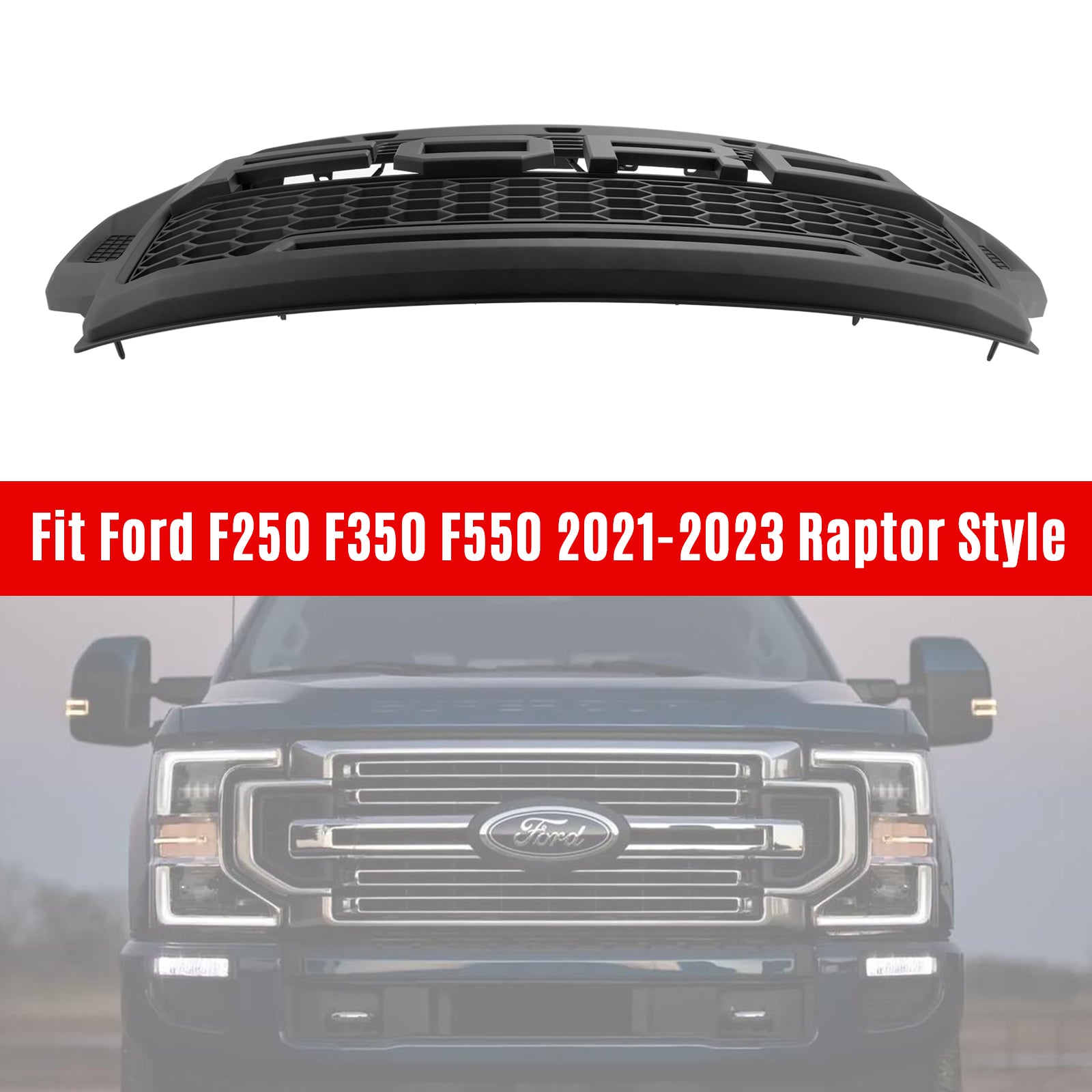 Parrilla delantera estilo Raptor para Ford F250 F350 F450 F550 Super Duty 2021-2022, color negro y con LED