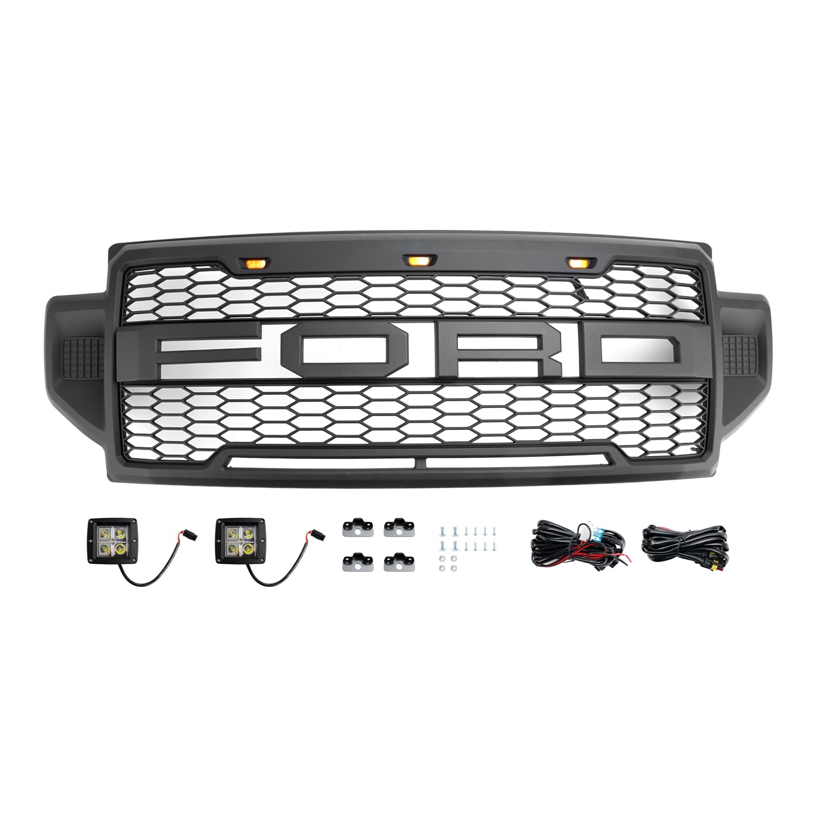 Parrilla delantera estilo Raptor para Ford F250 F350 F450 F550 Super Duty 2021-2022, color negro y con LED