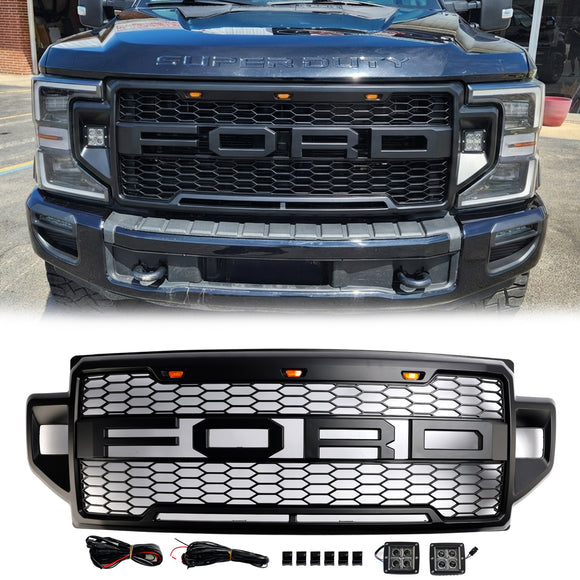 2021-2022 Ford F250 F350 F450 F550 Super Duty Raptor Style Front Bumper Grill Black Grille W/LED