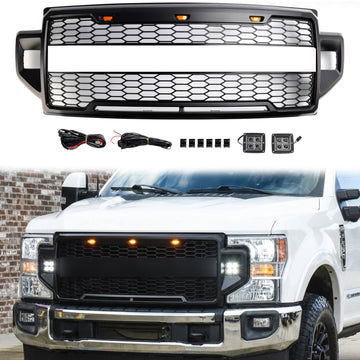 Ford F250 F350 F450 F550 | 2021 2022 | Parrilla delantera Raptor | Negro mate | Parrilla de repuesto para parachoques superior con letra & FORD LED