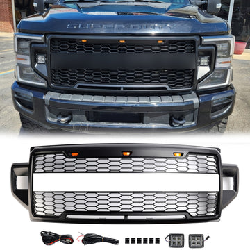 Parrilla de parachoques delantero estilo Raptor para Ford F250 F350 F450 F550 Super Duty 2021-2022, parrilla negra con LED<lámpara>PARA letra