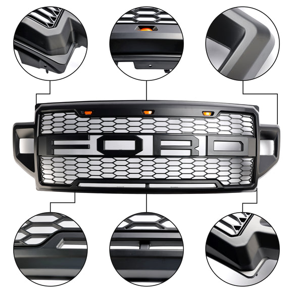 2021-2022 Ford F250 F350 F450 F550 Super Duty Raptor Style Front Bumper Grill Black Grille W/LED