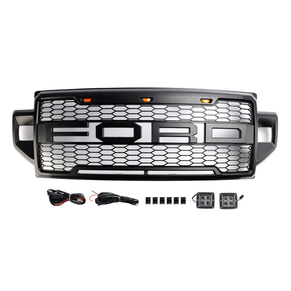 2021-2022 Ford F250 F350 F450 F550 Super Duty Raptor Style Front Bumper Grill Black Grille W/LED