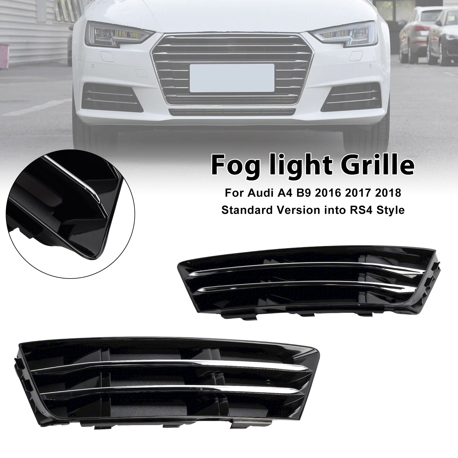 Audi A4 B9 2016–2018, Standardversion, RS4-Stil, Nebelscheinwerfergrill, untere Stoßstange, Chrom
