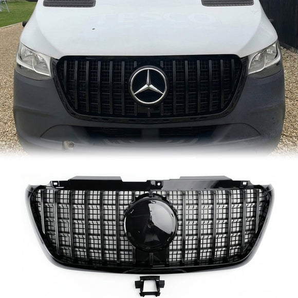 Mercedes Sprinter 2018-2026 W907  W910 GT Style glanzend zwarte grille, vervangende grille voorbumper met zwarte omlijsting.