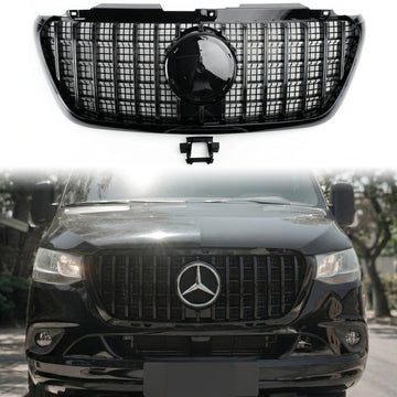 Mercedes Sprinter 2018-2026 W907  W910 GT Style glanzend zwarte grille, vervangende grille voorbumper met zwarte omlijsting.