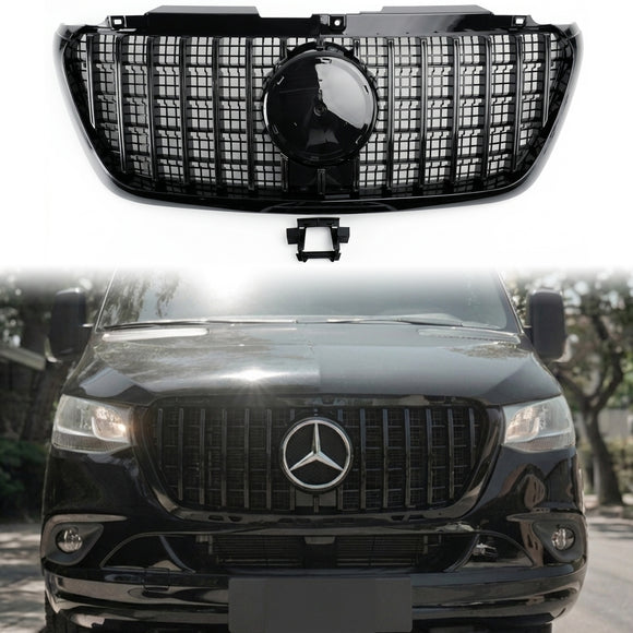Mercedes Sprinter 2018-2026 W907  W910 GT Style glanzend zwarte grille, vervangende grille voorbumper met zwarte omlijsting.