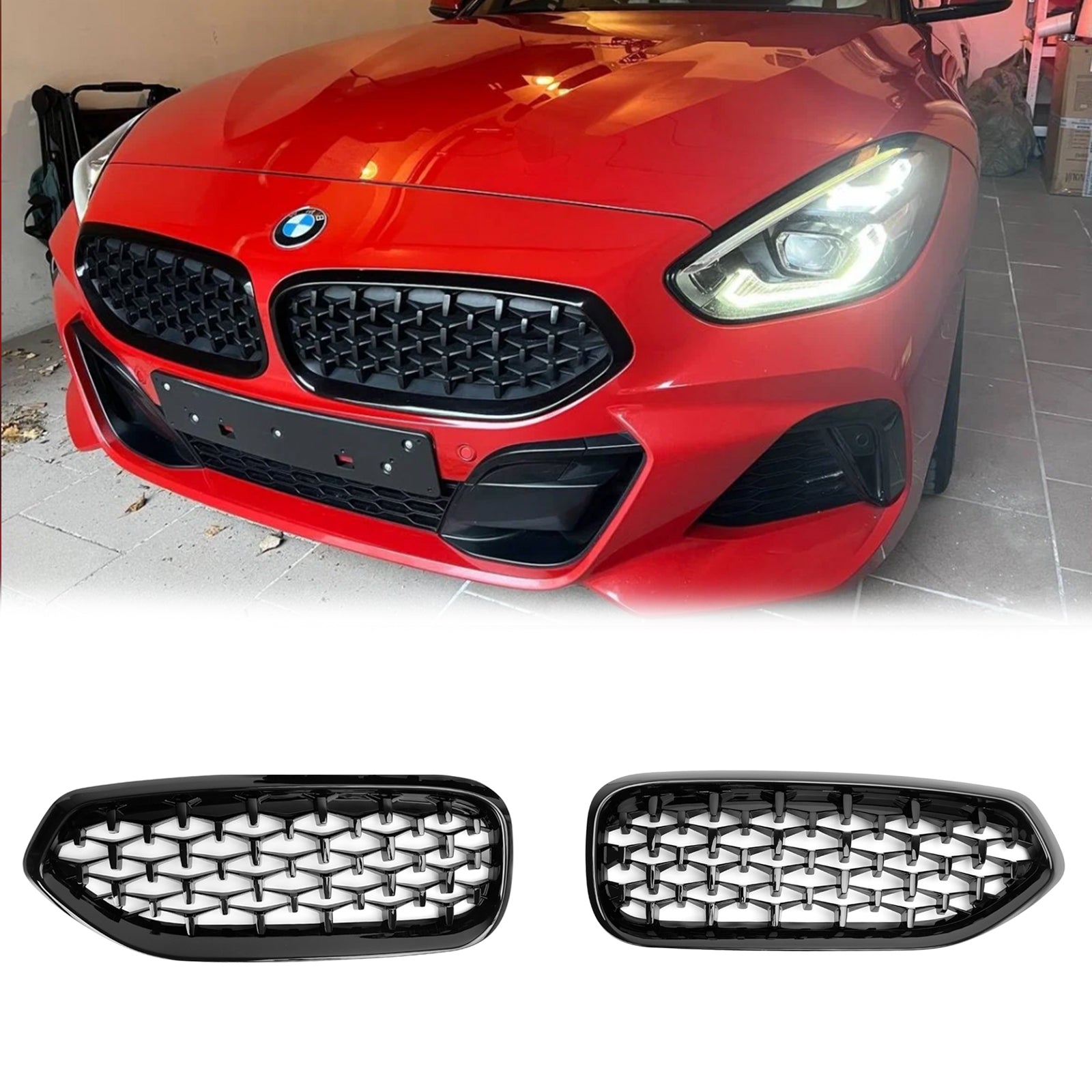 Parrilla delantera tipo riñón BMW Z4 G29 20I 30I M40I 2019-2024 con acabado en negro brillante y diseño de diamante