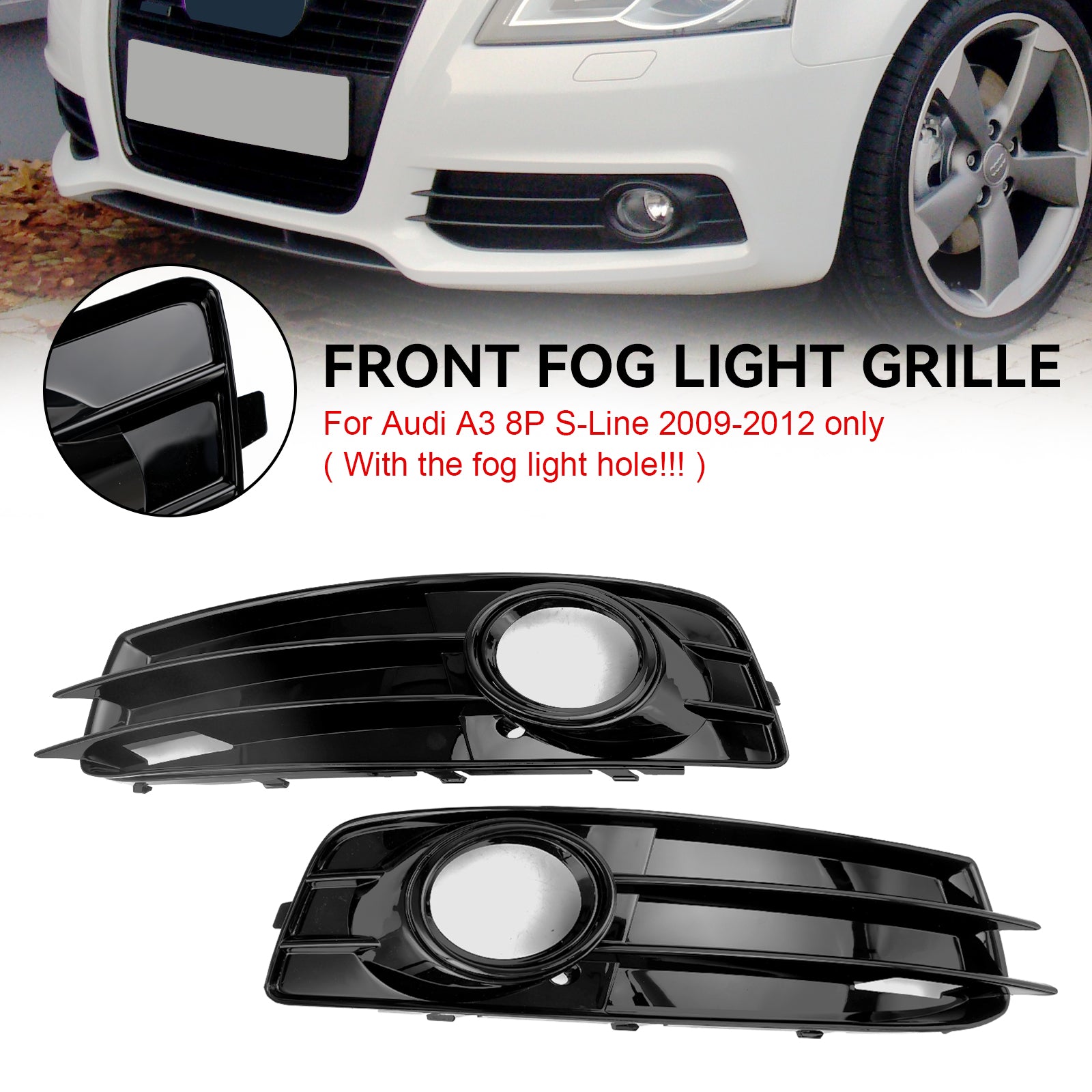 Audi A3 S-Line 8P 2009-2013 Honeycomb Fog Light Grille Front Bumper Lowe Cover Black Grill 8P0807682 8P0807681