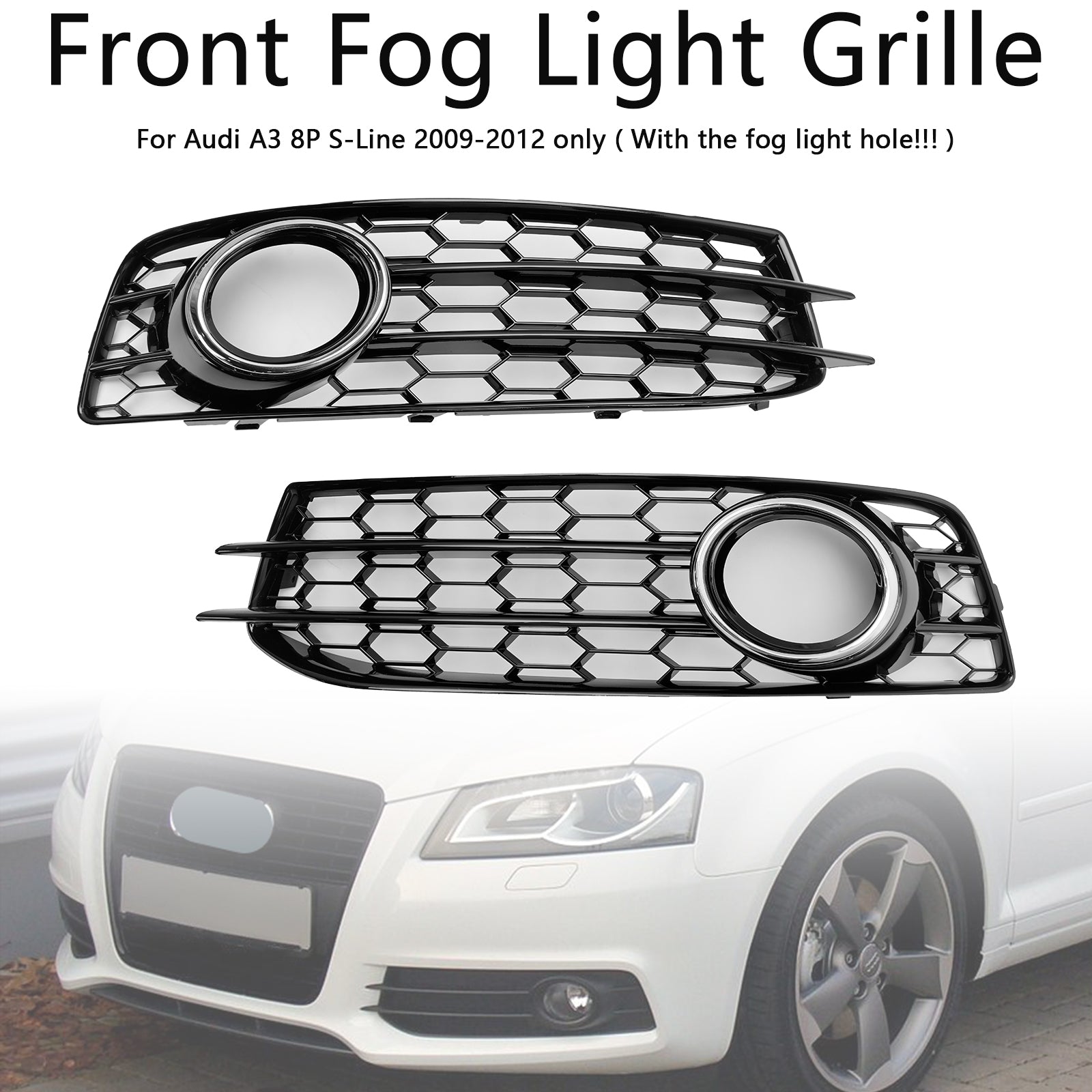 Audi A3 S-Line 8P 2009-2013 Honeycomb Fog Light Grille Front Bumper Lowe Cover Black Grill 8P0807682 8P0807681