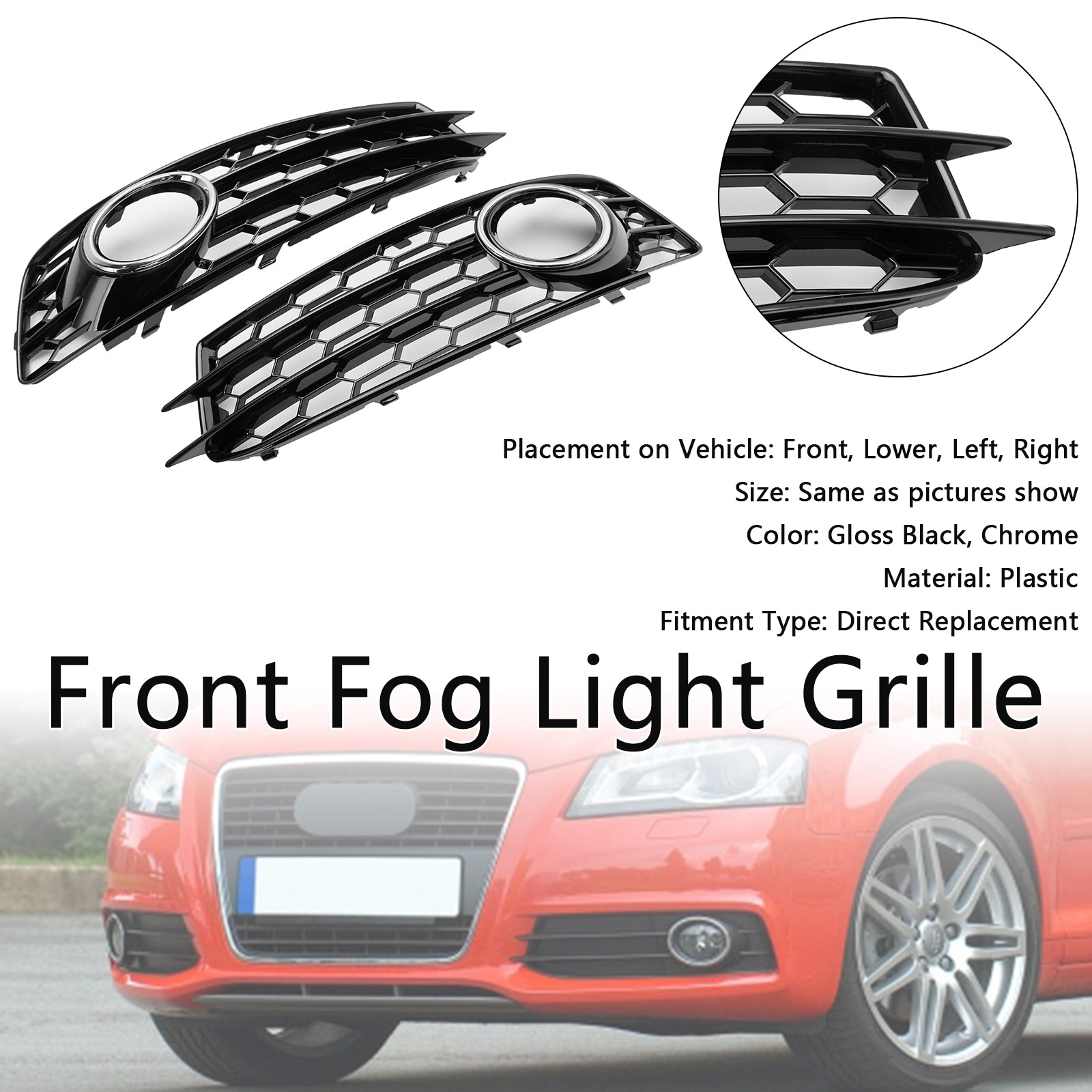 Audi A3 S-Line 8P 2009-2013 Honeycomb Fog Light Grille Front Bumper Lowe Cover Black Grill 8P0807682 8P0807681