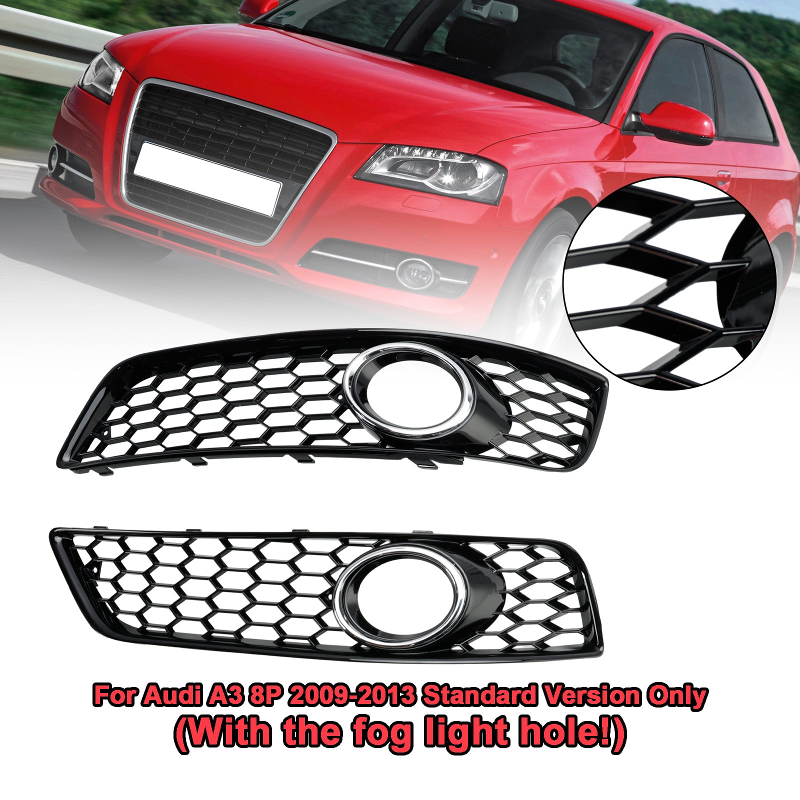 2009-2013 Audi A3 8P Honeycomb Lowe Grill Front Bumper Fog Light Grille Black Cover 8P0807682D 8P0807681D