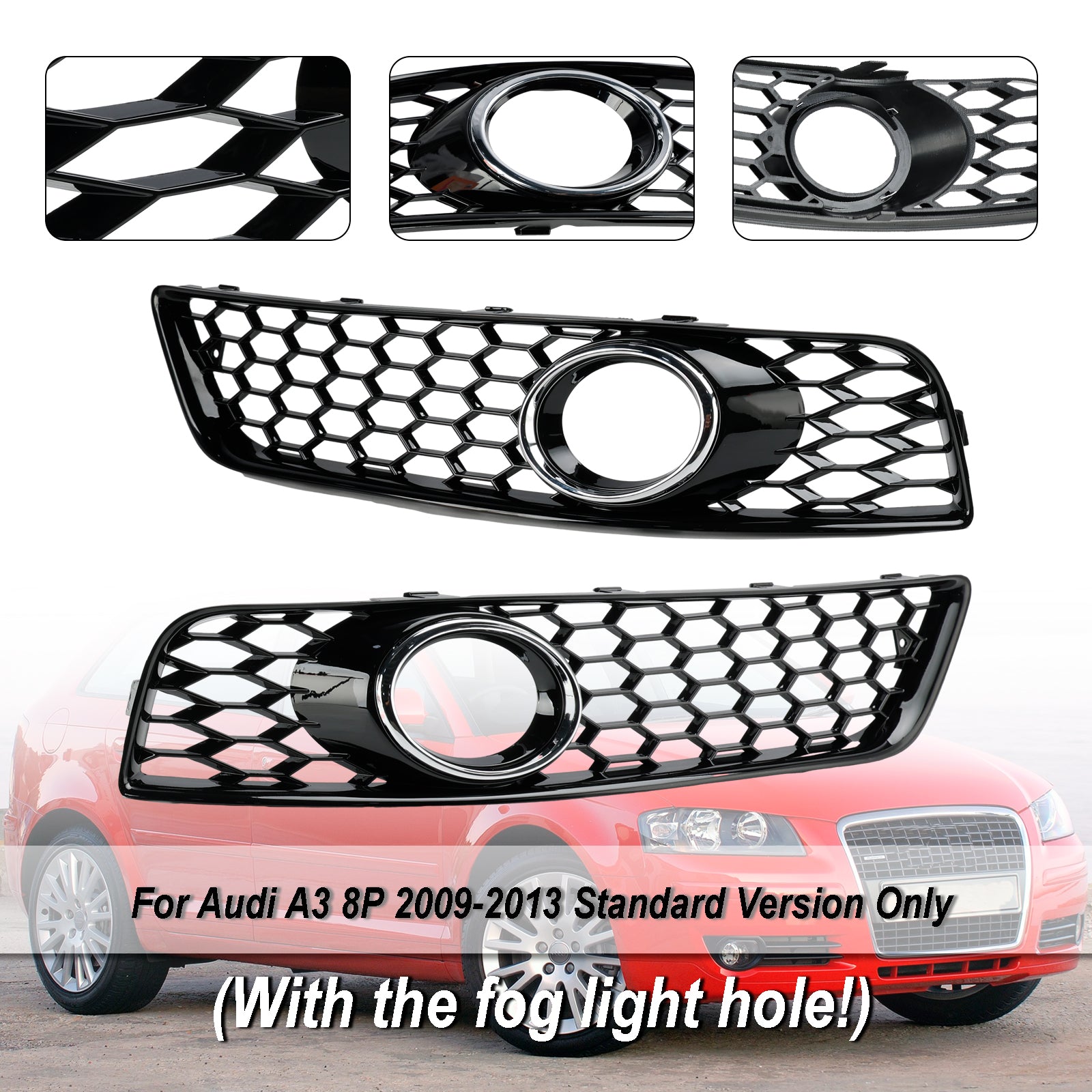 2009-2013 Audi A3 8P Honeycomb Lowe Grill Front Bumper Fog Light Grille Black Cover 8P0807682D 8P0807681D