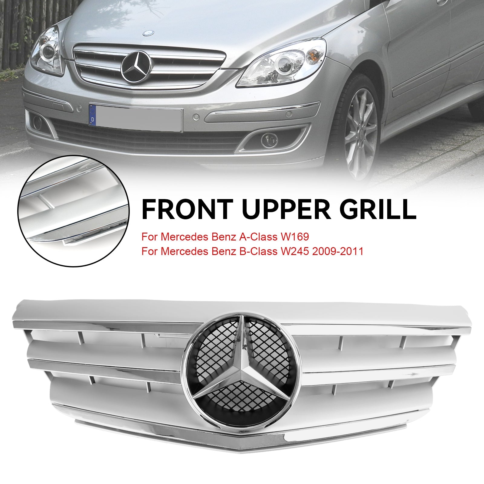 Mercedes-Benz 2009-2011 A-Class W169 A160/180/200 Front Bumper Grille Chrome Gray Replacement Grill