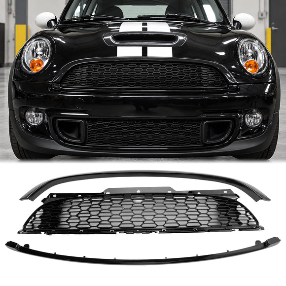 Mini Cooper S R55 R56 R57 R58 R59 2007-2015 JCW Stijl 3PCS Glanzend Zwart Voorgrill Vervanging grille