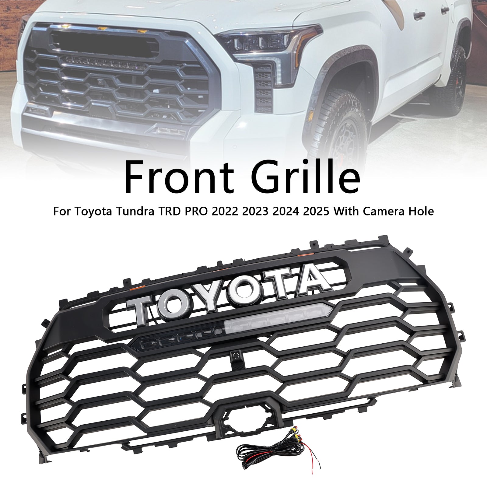 Rejilla de parachoques delantera para Toyota Tundra TRD PRO 2022 2023 2024 2025 Rejilla de repuesto negra para radiador con orificio para cámara y LED 53101-0C220