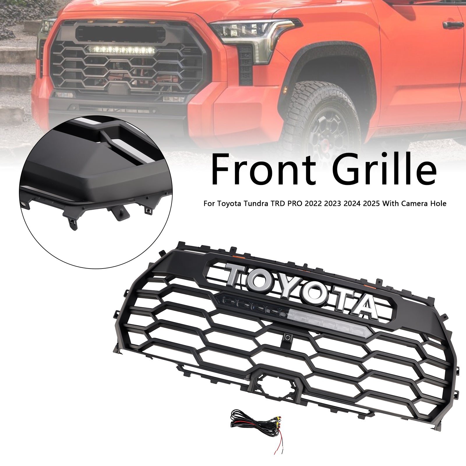 Grille de pare-chocs avant Toyota Tundra TRD PRO 2022 2023 2024 2025 Grille de remplacement noire pour radiateur avec LED + trou pour caméra 53101-0C220