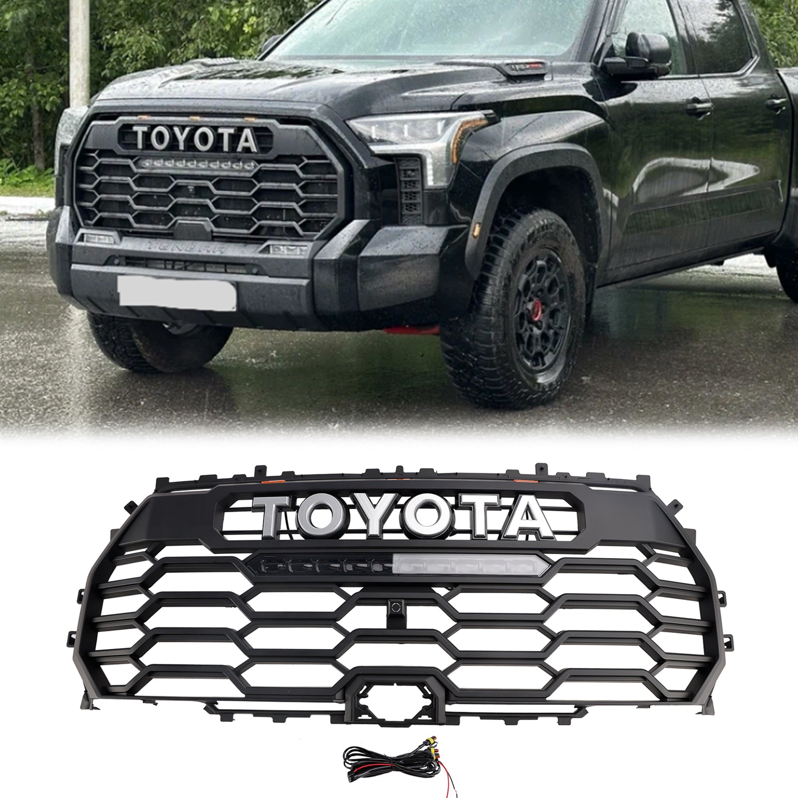 Rejilla de parachoques delantera para Toyota Tundra TRD PRO 2022 2023 2024 2025 Rejilla de repuesto negra para radiador con orificio para cámara y LED 53101-0C220