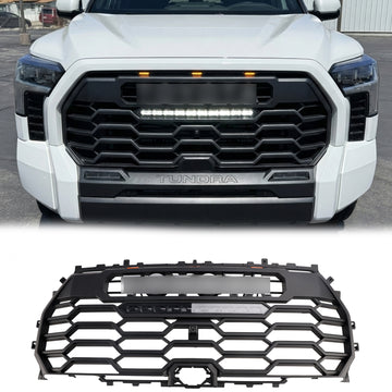 Parrilla de repuesto para parachoques delantero estilo TRD PRO para Toyota Tundra 2022-2025, color negro mate, con LED & Barra de luz