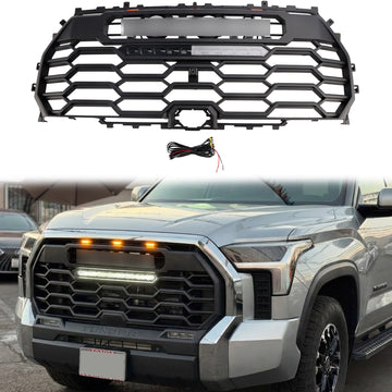 Toyota Tundra TRD PRO Przednia osłona zderzaka 2022 2023 2024 2025 2026 Czarna osłona chłodnicy z diodą LED i otworem na kamerę & Pasek świetlny