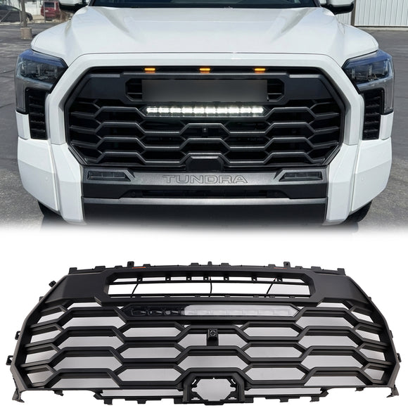 Toyota Tundra 2022-2026 TRD PRO Style Grill Matte Black Front Bumper Replacement Grille With LED & Light Bar & TOYOTA Letter