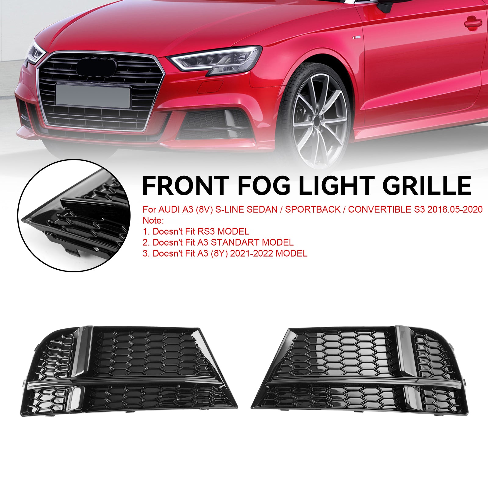 2017–2020 Audi A3 S-Line/S3 8V Honeycomb Lower Grill Front Bumper Fog Light Lower Black Cover Grille 8V3807681AE 8V3807682Q