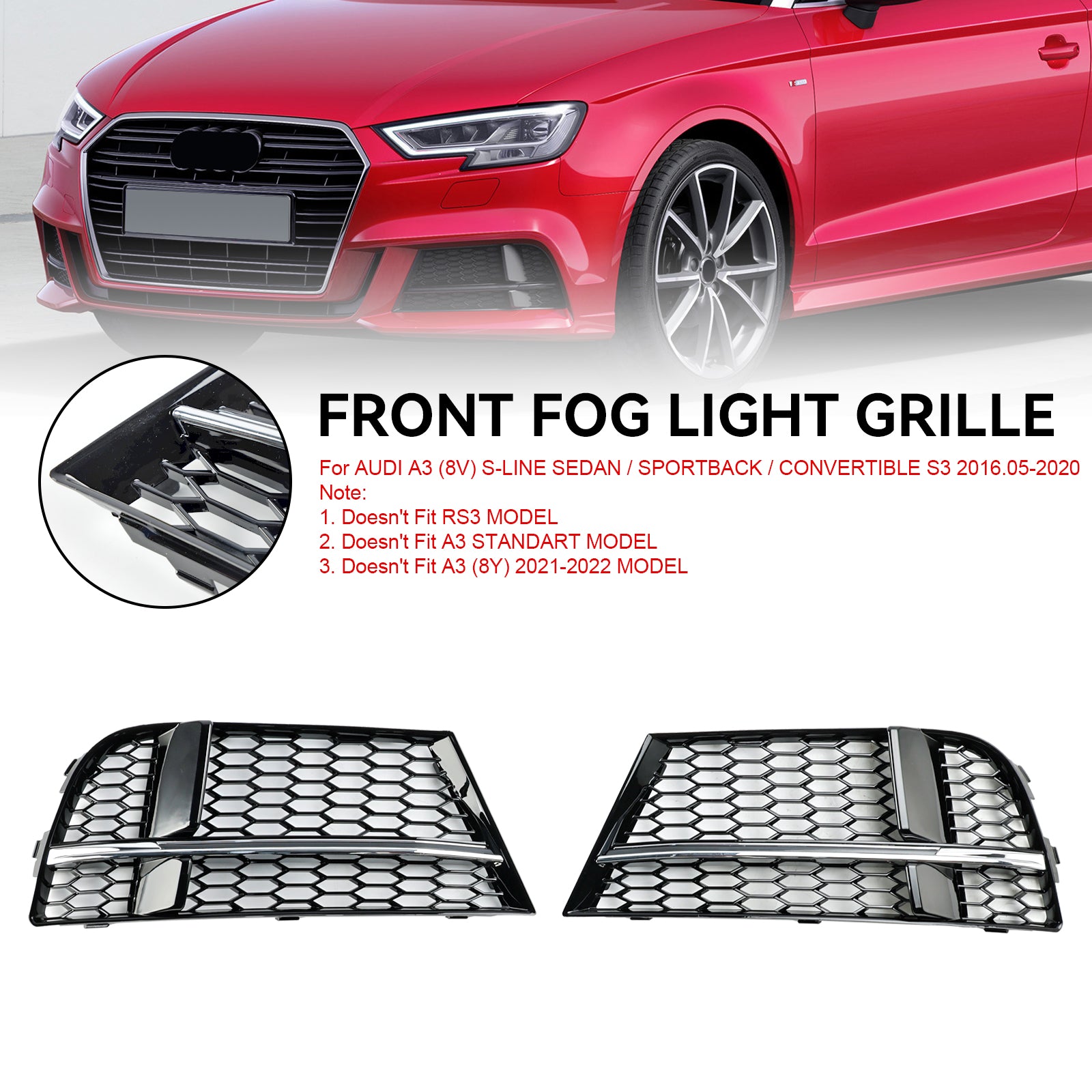 2017–2020 Audi A3 S-Line/S3 8V Honeycomb Lower Grill Front Bumper Fog Light Lower Black Cover Grille 8V3807681AE 8V3807682Q