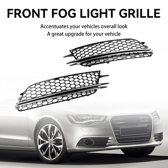 2012-2015 Audi A6 C7 Pre-Facelift Honycomb Lower Grille 2PCS Front Bumper Fog Light Black Cover Grill