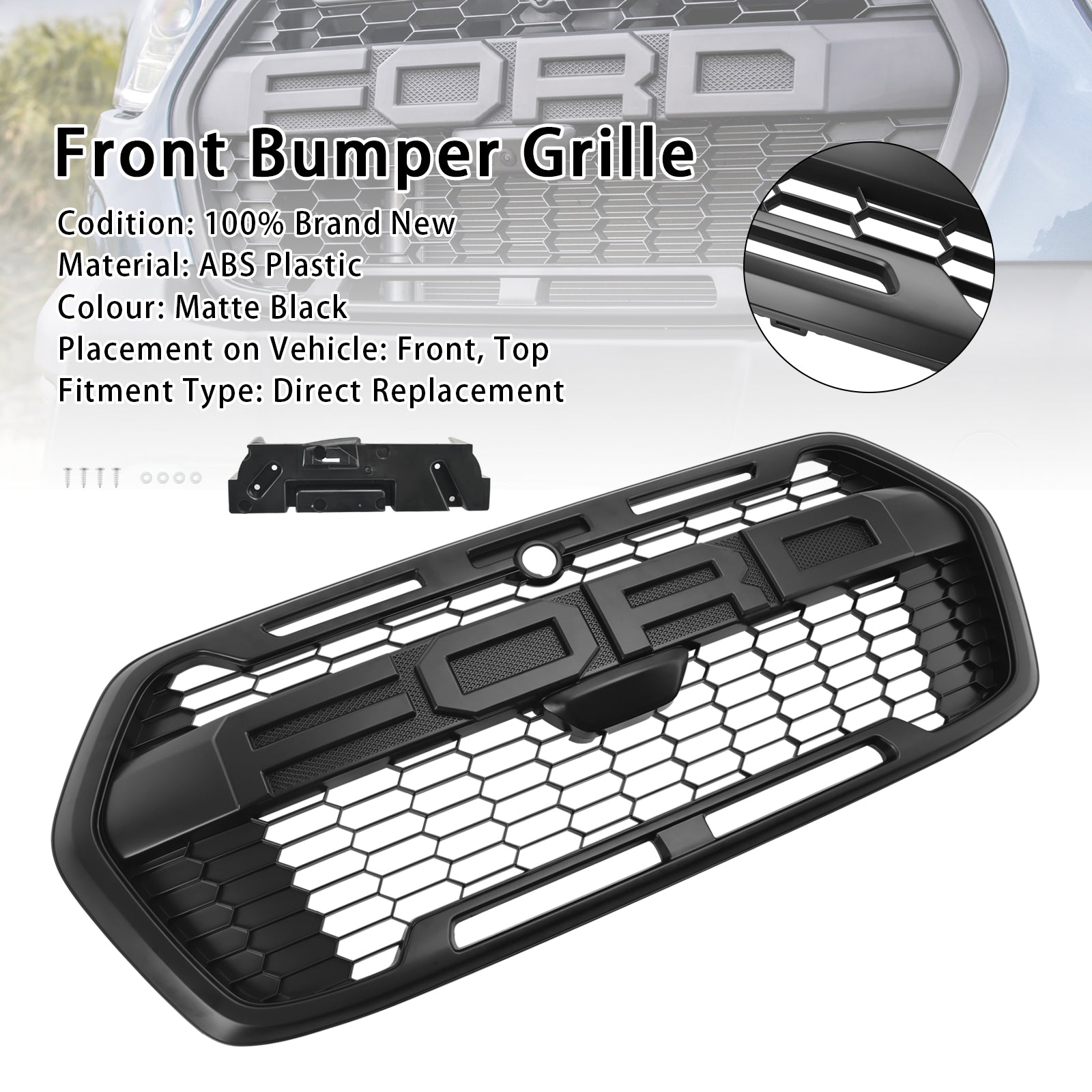 Grille de pare-chocs avant de remplacement pour Ford Transit 150 250 350 2020-2024 Grille de style Raptor noir mat