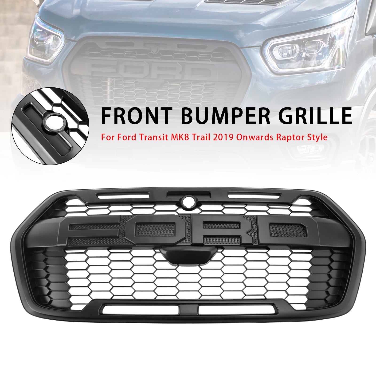 Reemplazo de rejilla de parachoques delantero estilo Raptor Trail para Ford Transit MK8 2019-2024, color negro mate