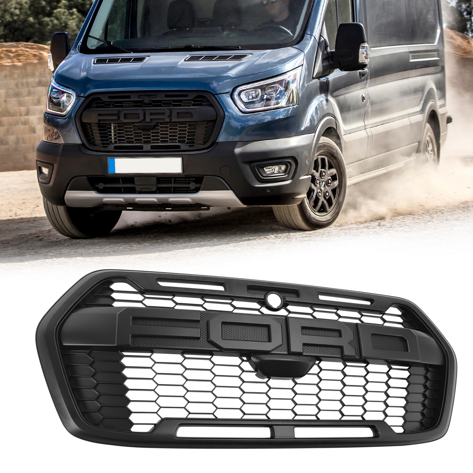 Grille de pare-chocs avant de remplacement pour Ford Transit 150 250 350 2020-2024 Grille de style Raptor noir mat